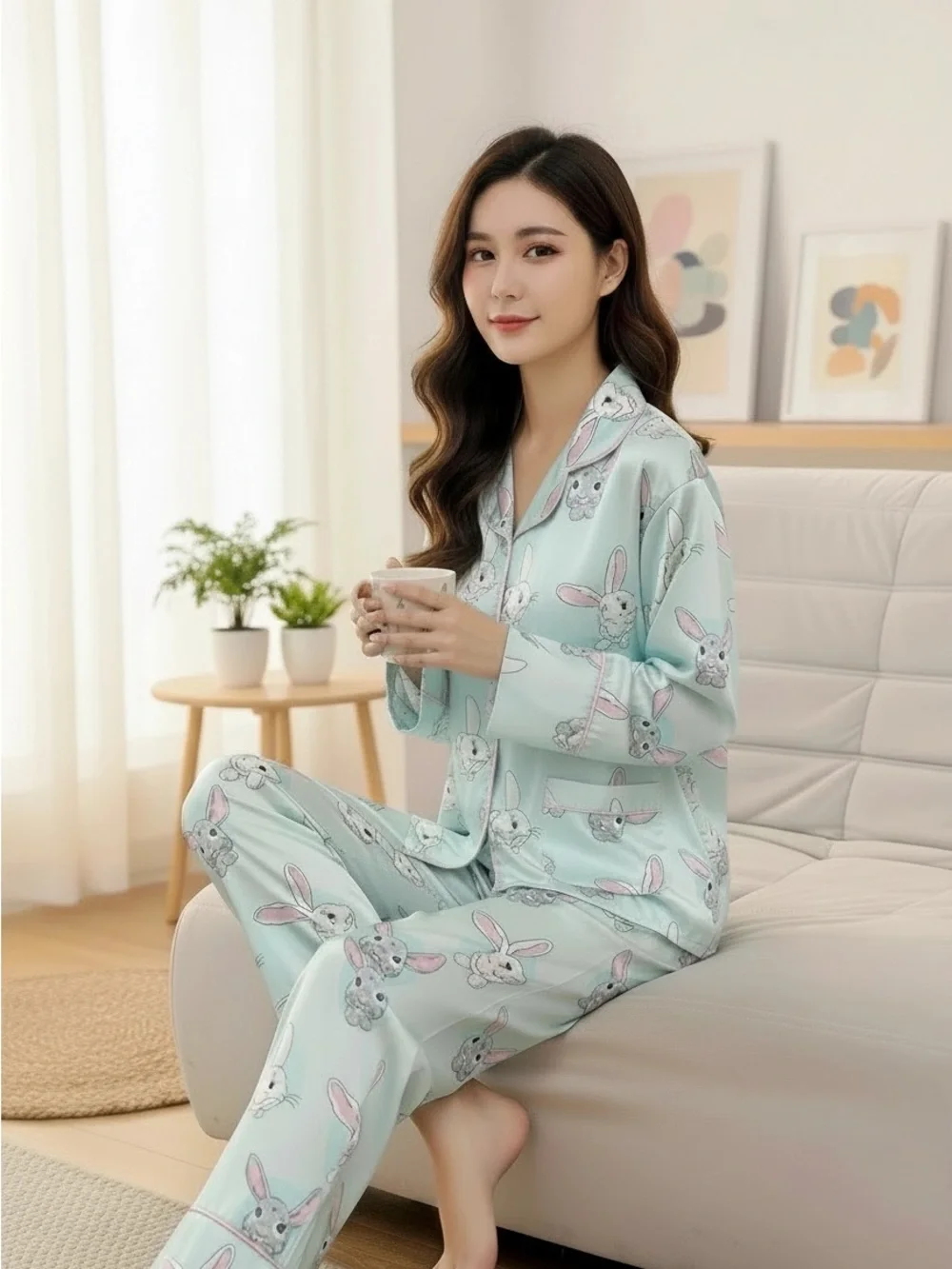 Women’s Mint Bunny Print Satin Pajama Set - Long Sleeve & Pants - Picture 2 of 2